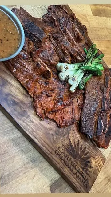USDA Prime arrachera on the Carniceria Guadalajara cutting board